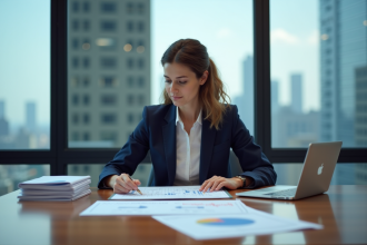 Femme d'affaires analysant des graphiques économiques dans un bureau