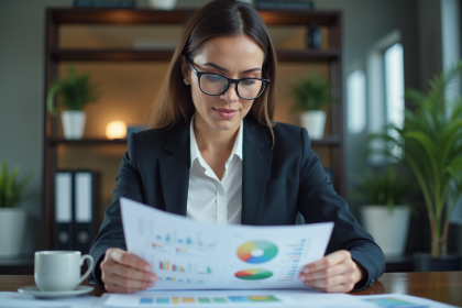 Femme professionnelle en blazer examinant un rapport d audit énergie