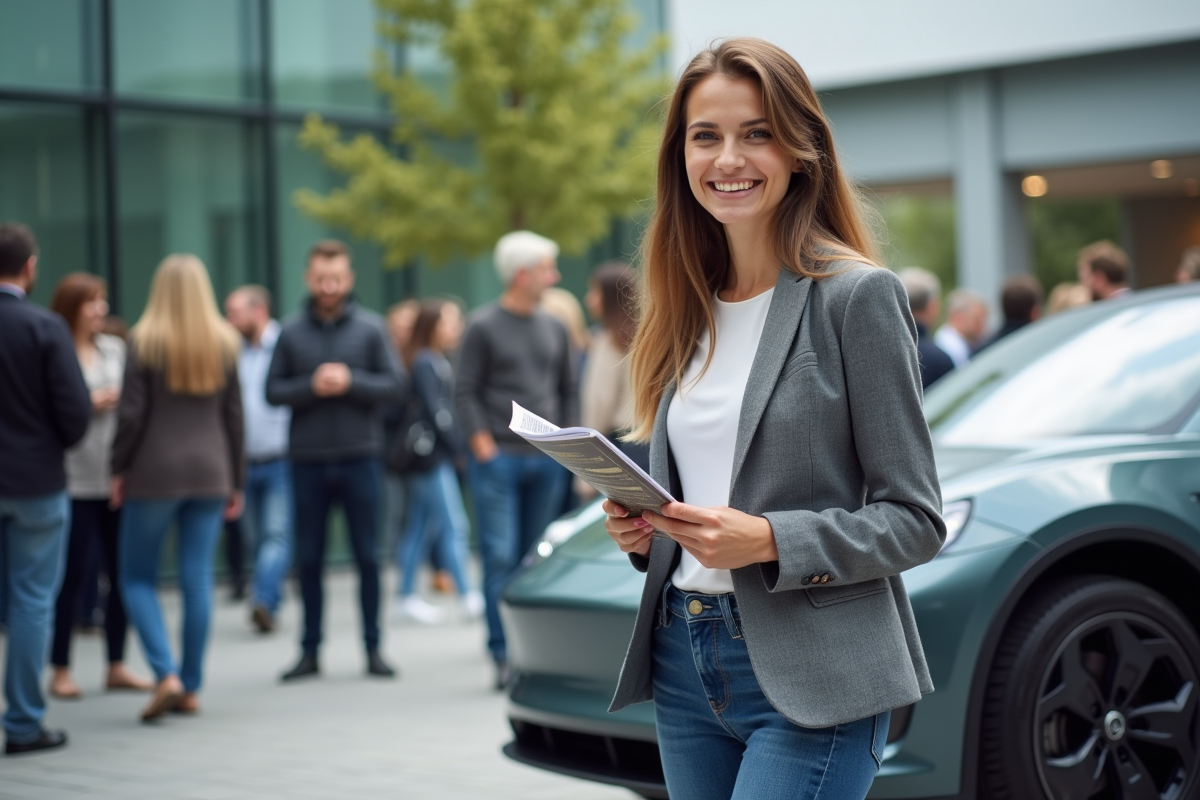 Jeune femme souriante à un salon auto avec voiture électrique