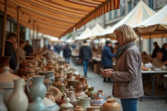 Femme d'âge moyen dans un imperméable à motifs cherchant des céramiques anciennes