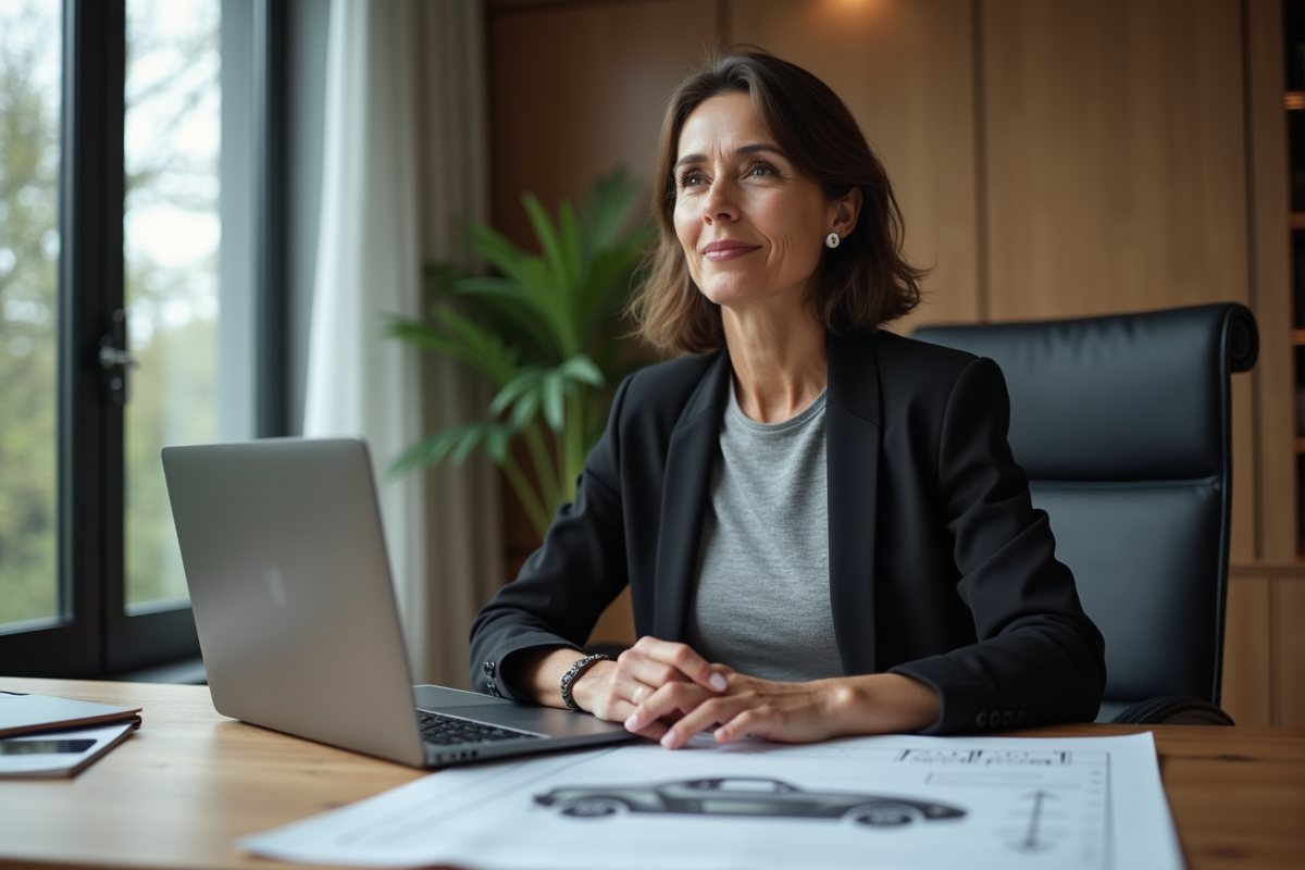 Femme concentrée avec plans et ordinateur dans un bureau moderne