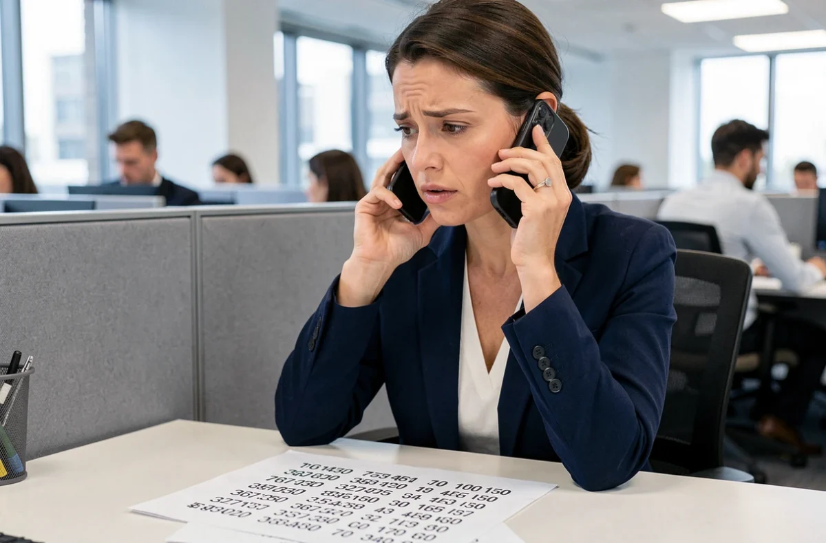 Femme professionnelle au bureau consultant une liste de numéros de téléphone en 05 68 sur smartphone