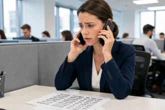 Femme professionnelle au bureau consultant une liste de numéros de téléphone en 05 68 sur smartphone