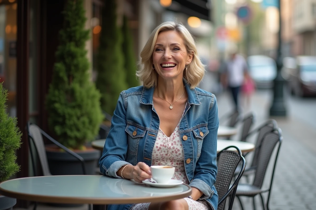 Femme souriante dégustant un café en extérieur