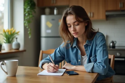 Jeune femme concentrée à la cuisine avec mug et smartphone
