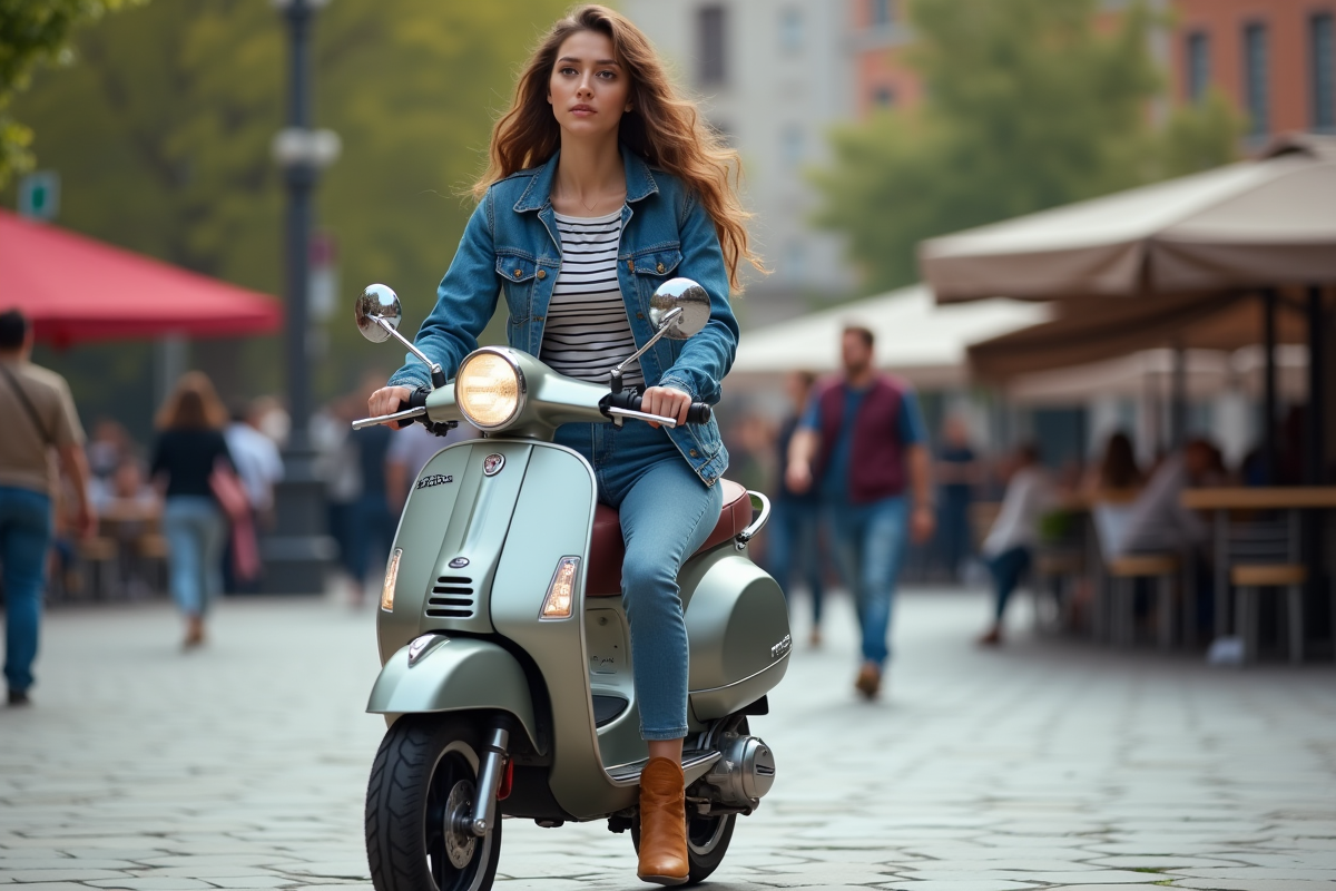 Jeune femme manœuvrant un scooter Dax dans une place urbaine animée