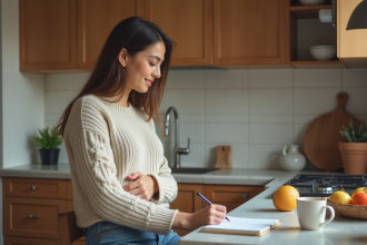 Jeune femme écrivant hungry dans une cuisine chaleureuse