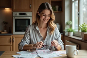 Femme découpant des bons de réduction imprimés à la table de cuisine pour faire des économies au quotidien