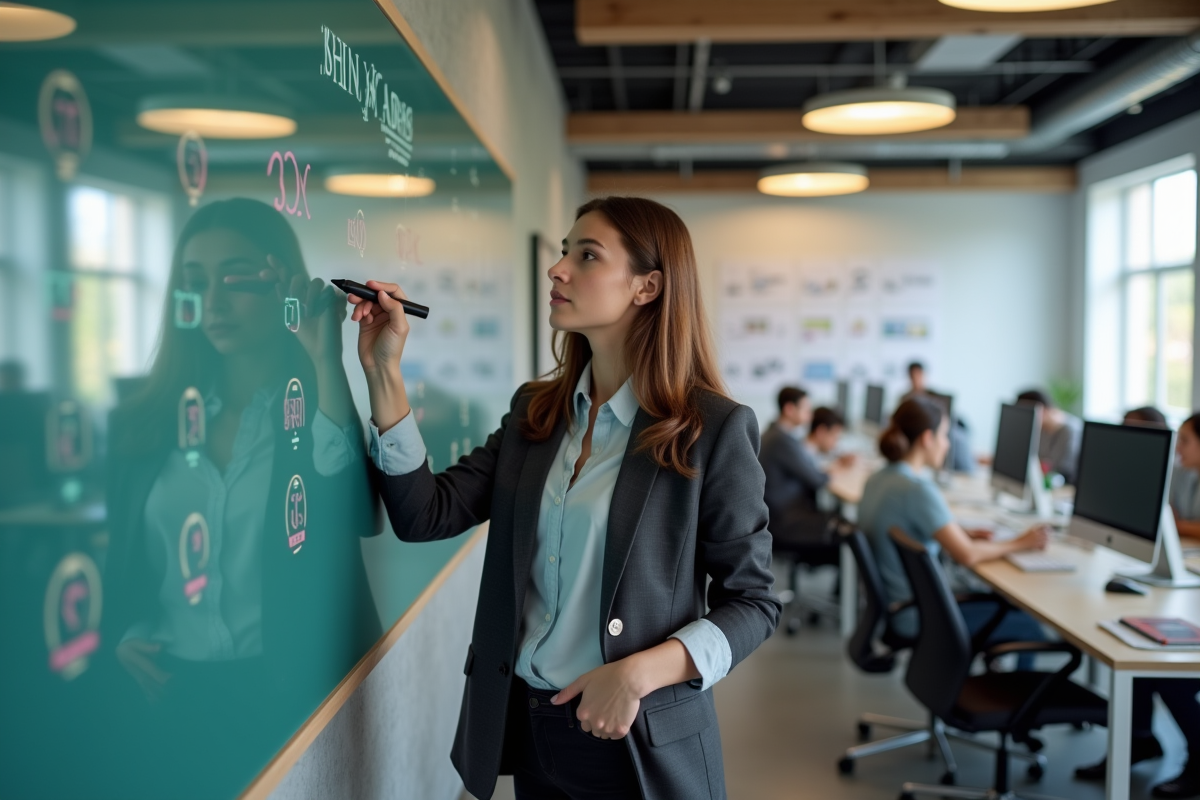 Femme concentrée écrivant sur un tableau blanc dans un espace de coworking