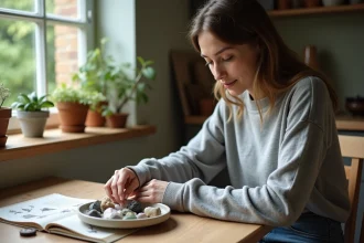 Femme arrangeant des cristaux dans un intérieur chaleureux