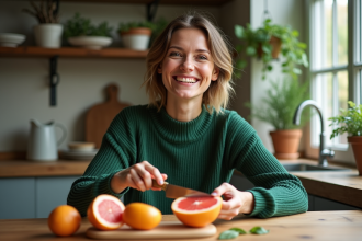Femme souriante coupant un pamplemousse dans la cuisine