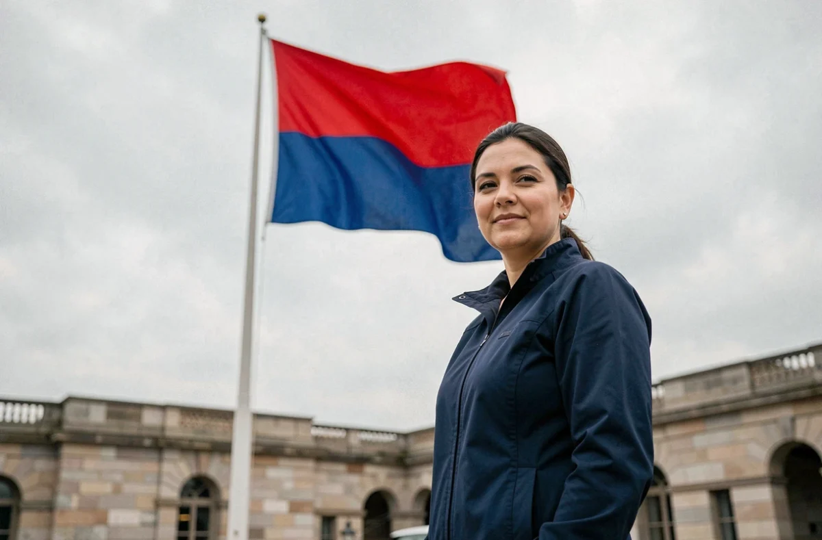 Femme observant un drapeau bleu et rouge flottant au vent sur une place en pierre