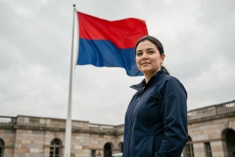 Femme observant un drapeau bleu et rouge flottant au vent sur une place en pierre