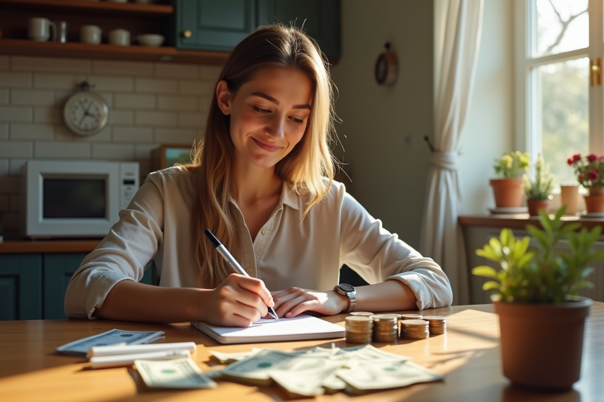 Jeune femme calculant ses économies au matin
