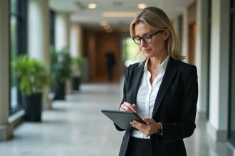 Femme professionnelle en costume examine plans d efficacité énergétique