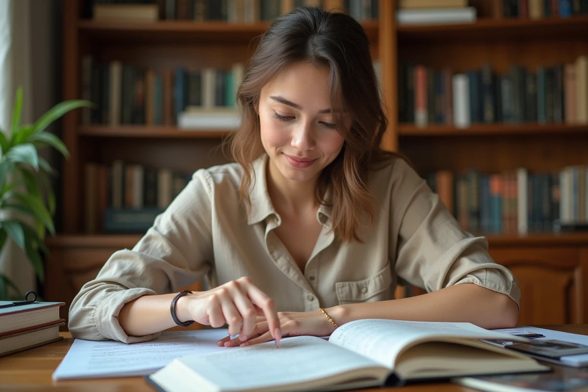 Jeune femme étudiant la grammaire française avec des livres ouverts sur un bureau en bois, pointant un mot sur une page