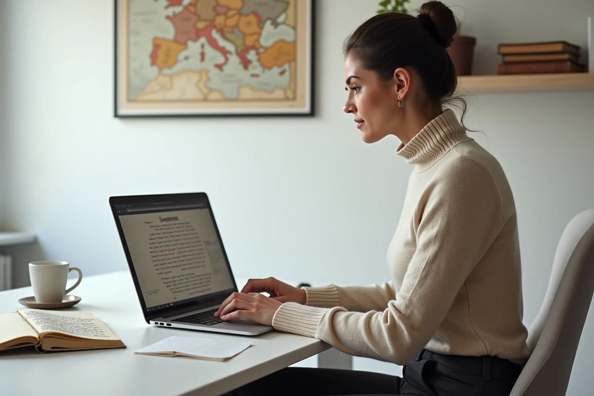 Femme utilisant un générateur de courriers napoléoniens sur un ordinateur portable dans un bureau moderne et minimaliste