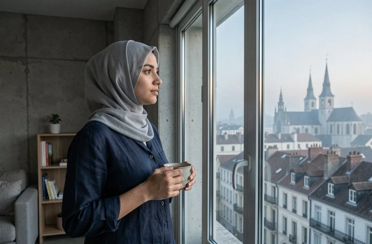 Femme voilée observant Lyon à l'aube pendant le Ramadan depuis son appartement