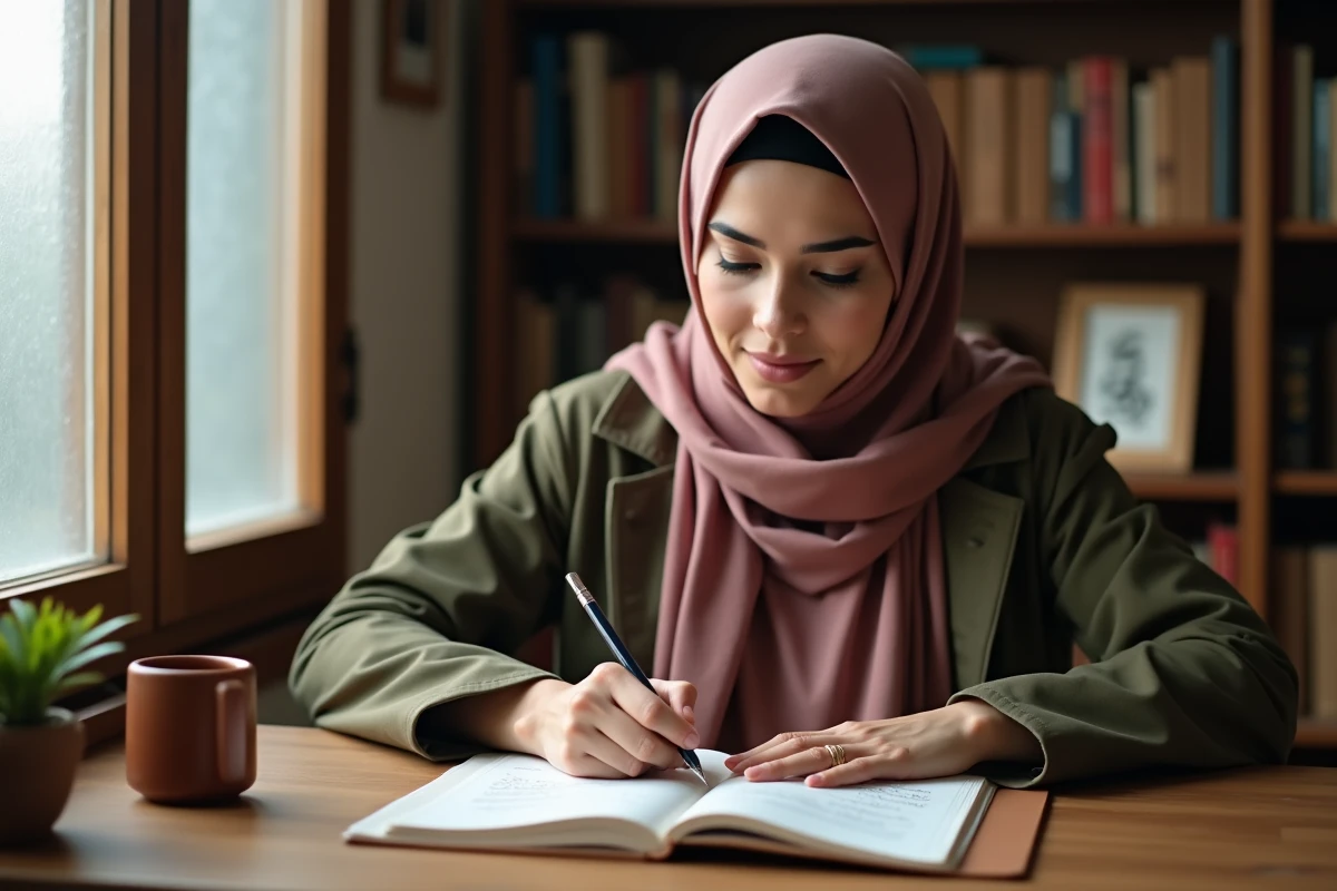 Jeune femme en hijab écrivant un message de condoléance sincère en arabe dans un carnet