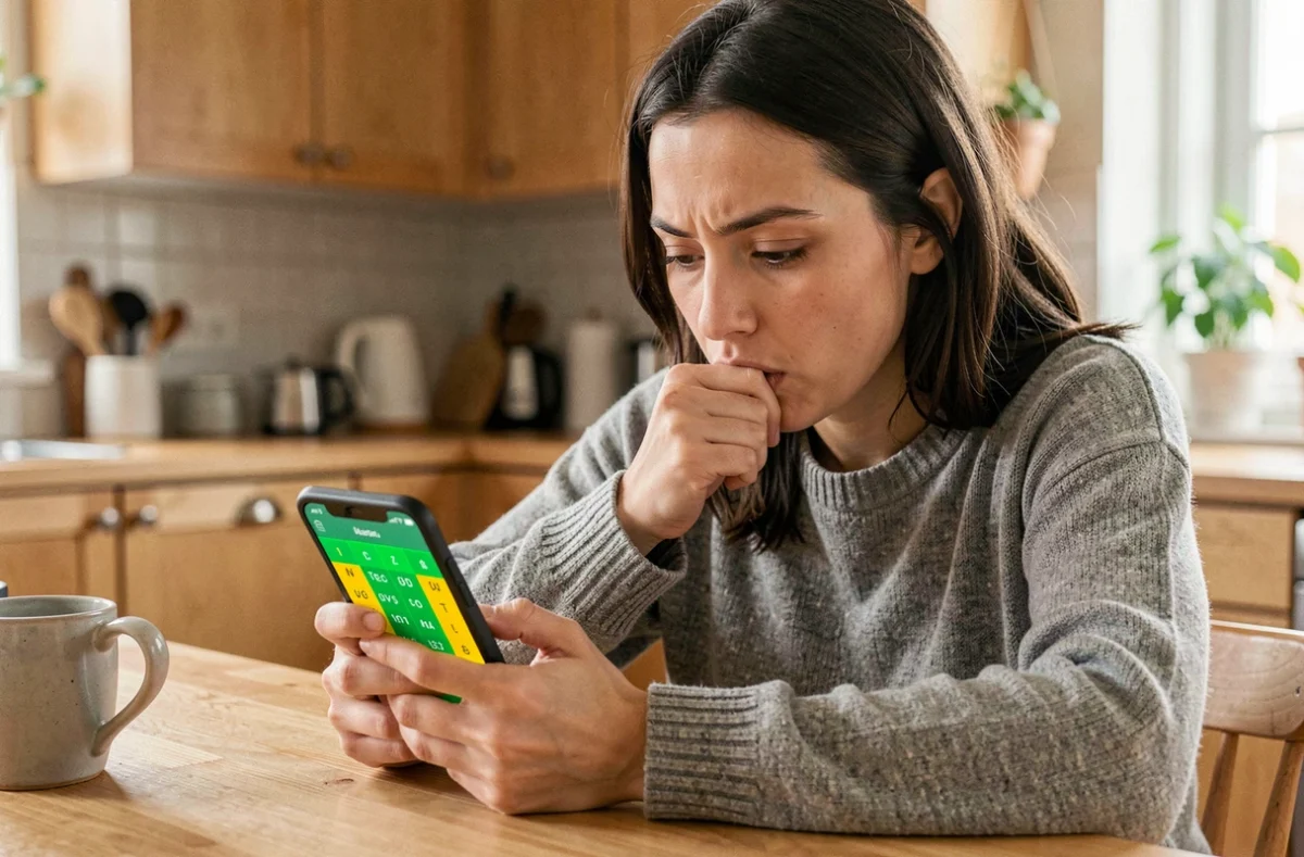 Femme concentrée jouant à un jeu de mots sur smartphone à table de cuisine, illustrant l'addiction aux jeux Sutom