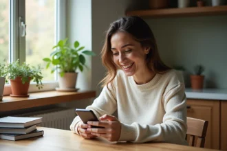 Jeune femme concentrée résolvant un puzzle sur smartphone à la maison