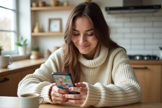 Jeune femme jouant à un jeu de mots sur smartphone à une table de cuisine en bois, illustrant des méthodes faciles pour progresser au Wordle