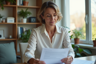 Femme d'âge moyen lisant des documents de prêt immobilier dans un bureau moderne