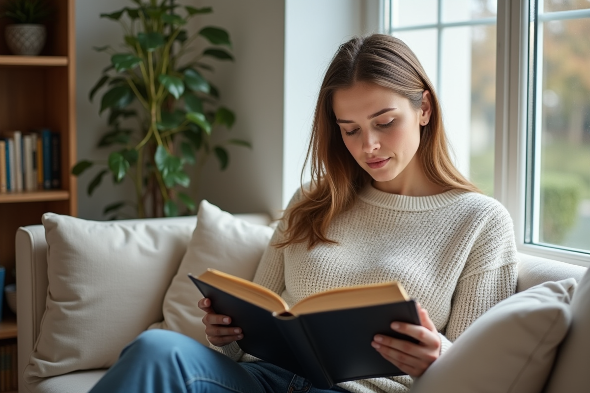 Femme lisant un livre dans un salon lumineux et moderne