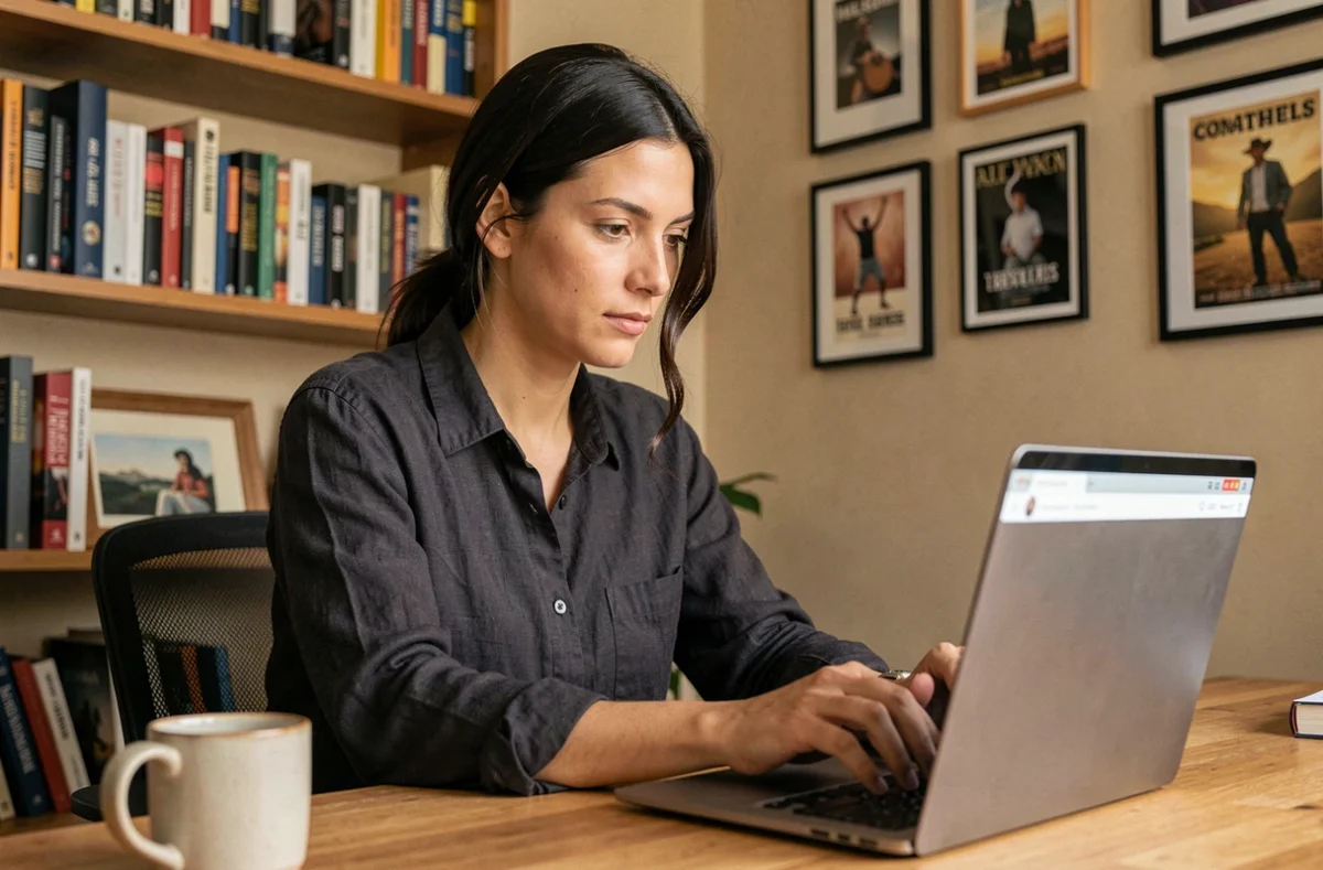Femme consultant un média culturel en ligne sur son ordinateur portable dans un bureau chaleureux rempli de livres d'art