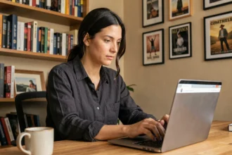 Femme consultant un média culturel en ligne sur son ordinateur portable dans un bureau chaleureux rempli de livres d'art