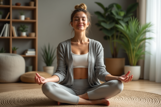 Femme méditant chez elle en position de relaxation