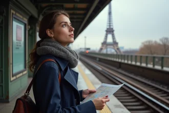 Jeune femme dans le métro de Paris avec la Tour Eiffel en arrière-plan