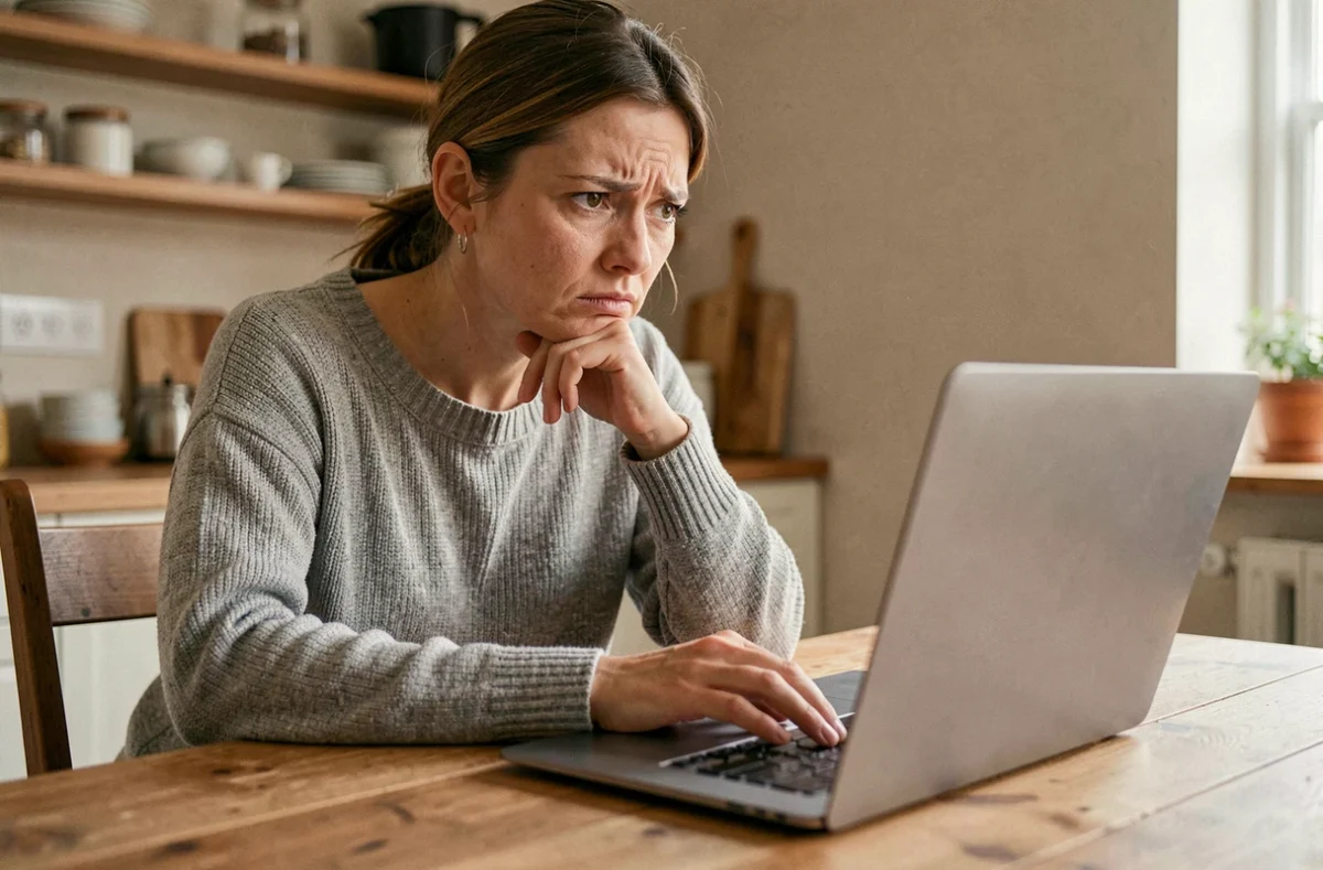 Femme frustrée devant son ordinateur portable tentant de résoudre un problème de compte bloqué sur Le Bon Coin