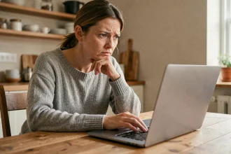 Femme frustrée devant son ordinateur portable tentant de résoudre un problème de compte bloqué sur Le Bon Coin
