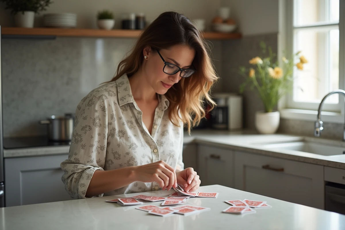 Femme organisant des cartes de jeu dans une cuisine lumineuse