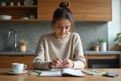 Femme organisant de l'argent et notes d'épargne