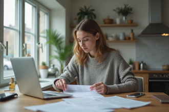 Femme réfléchissant à un formulaire dans la cuisine