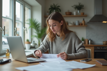 Femme réfléchissant à un formulaire dans la cuisine