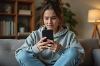 Jeune femme vérifiant les paramètres de confidentialité de sa story Snapchat sur son smartphone dans un appartement cosy