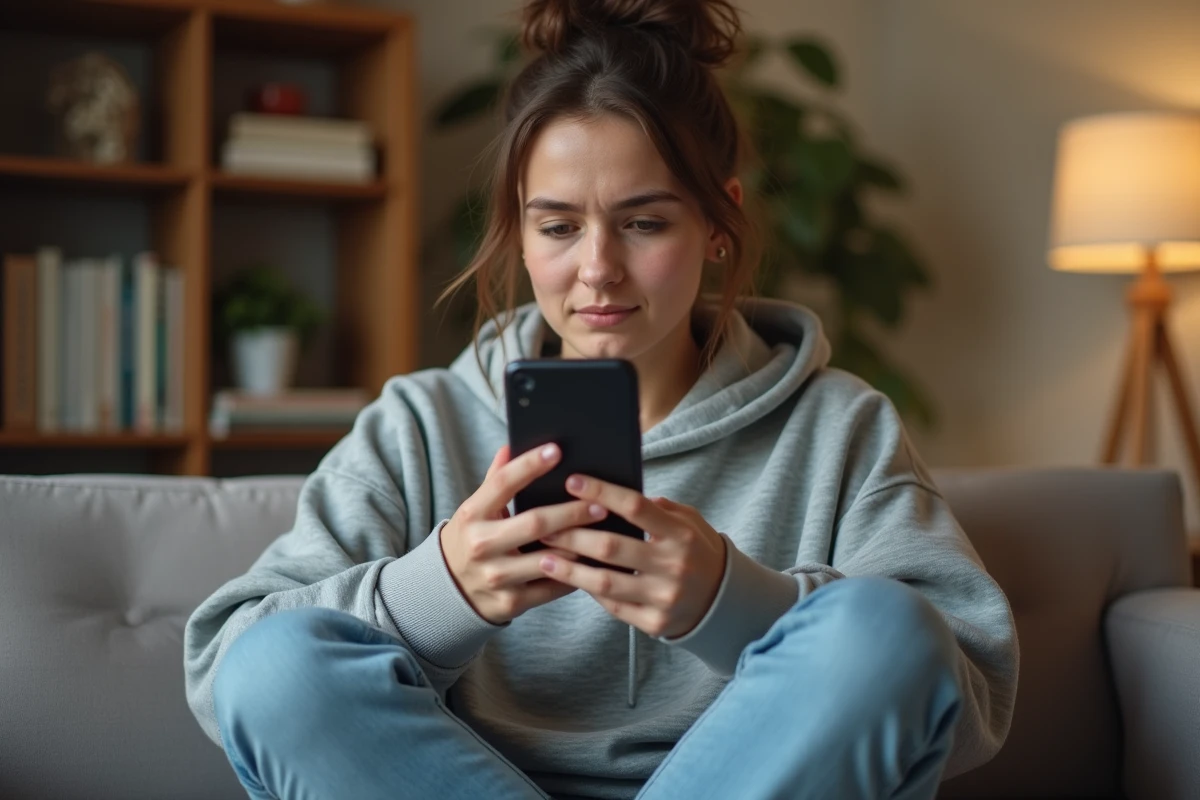 Jeune femme vérifiant les paramètres de confidentialité de sa story Snapchat sur son smartphone dans un appartement cosy