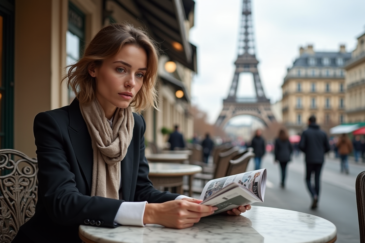 Femme élégante lisant un magazine de mode à Paris