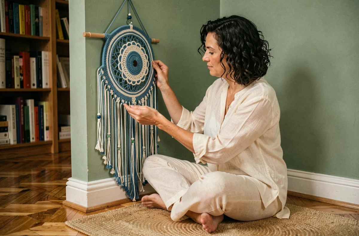 Femme tenant une décoration murale œil grec en macramé et perles de verre bleu pour choisir son emplacement idéal selon le feng shui dans un intérieur chaleureux