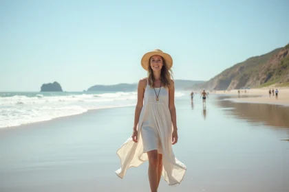 Femme souriante en robe légère sur la plage d Hendaye