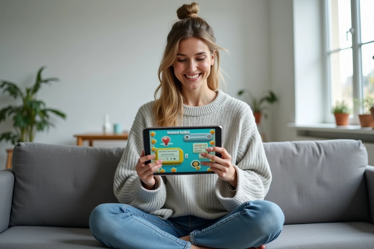 Femme découvrant les récompenses du Club des magnats dans Monopoly GO sur tablette