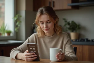 Femme pensant avec mug et smartphone affichant 11:11