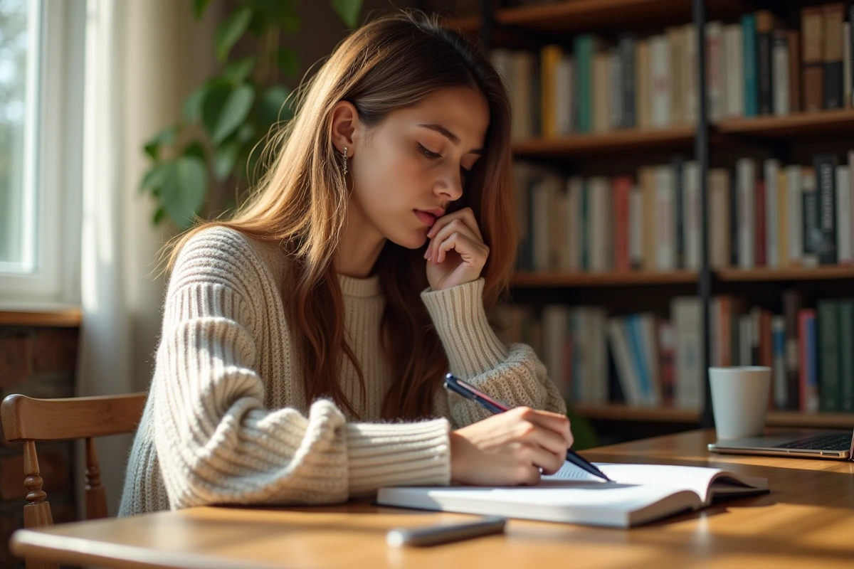 Jeune femme concentrée relisant ses notes dans un carnet ouvert, cherchant une erreur grammaticale sur son bureau en bois entouré de livres de grammaire française