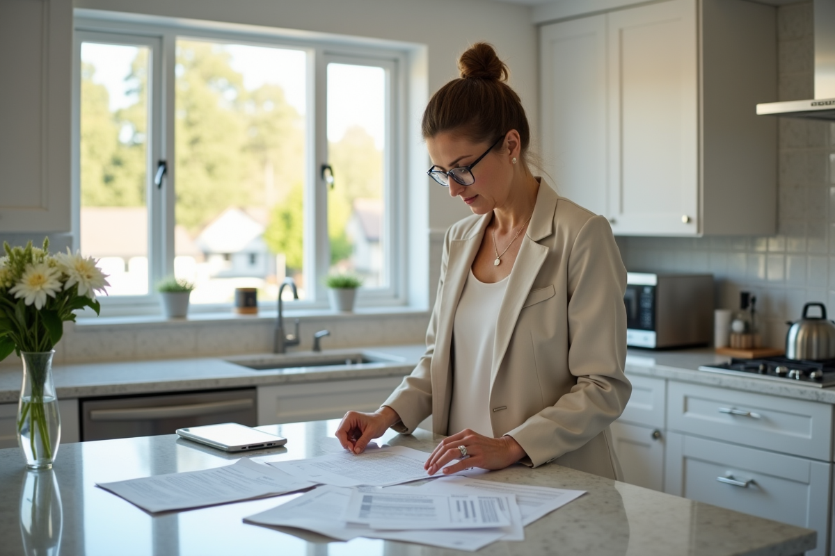 Femme vérifiant papiers dans sa cuisine lumineuse