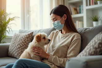 Jeune femme avec masque caressant un chiot dans un salon lumineux