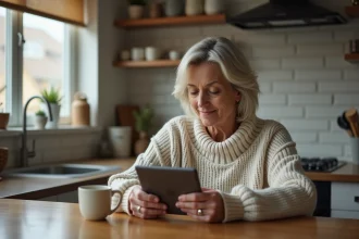 Femme pensant devant un quiz en ligne dans une cuisine moderne