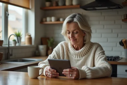 Femme pensant devant un quiz en ligne dans une cuisine moderne